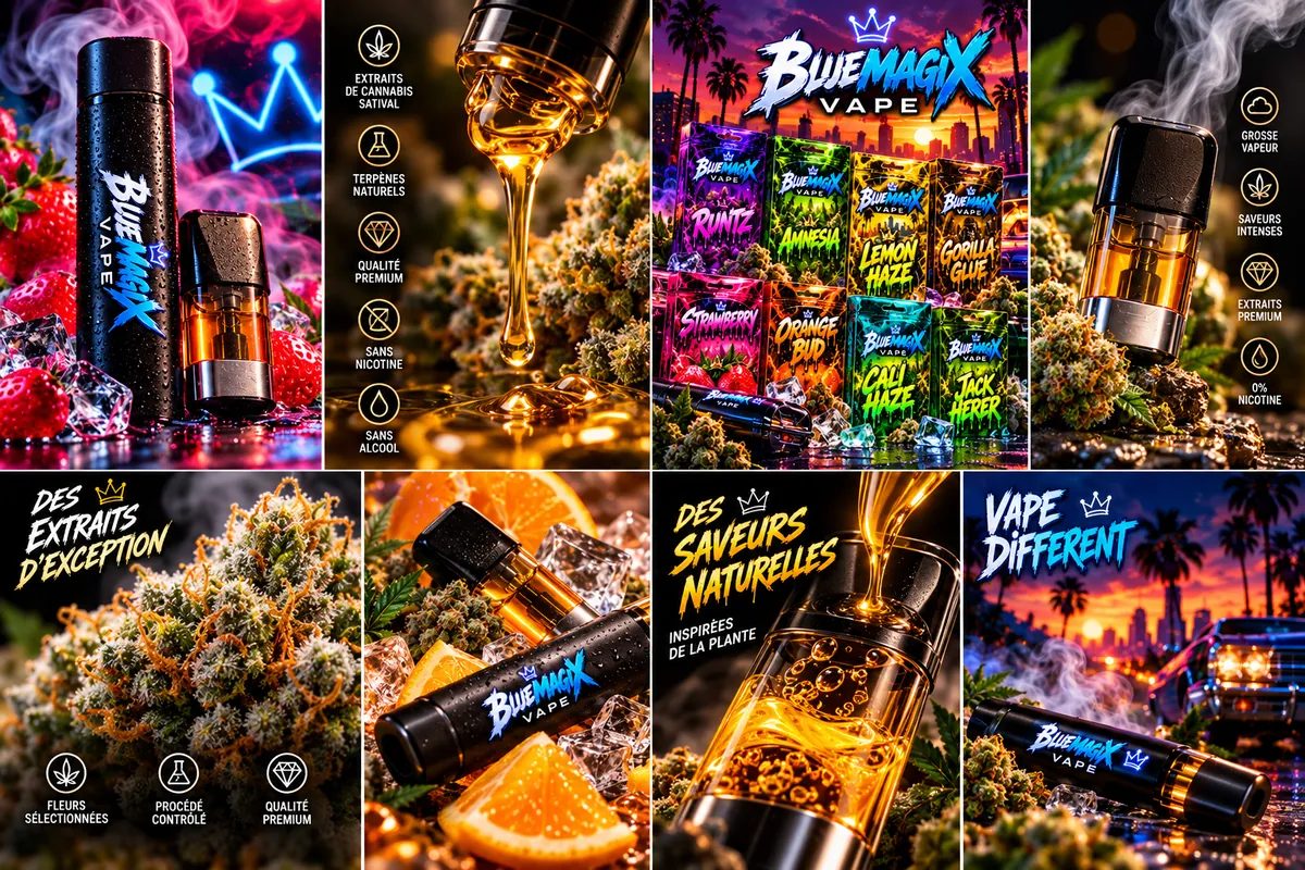 Huit ambiances de la gamme Bluemagix : cartouches sur glace, huile dorée, fleurs de chanvre, batterie et paysage au crépuscule.