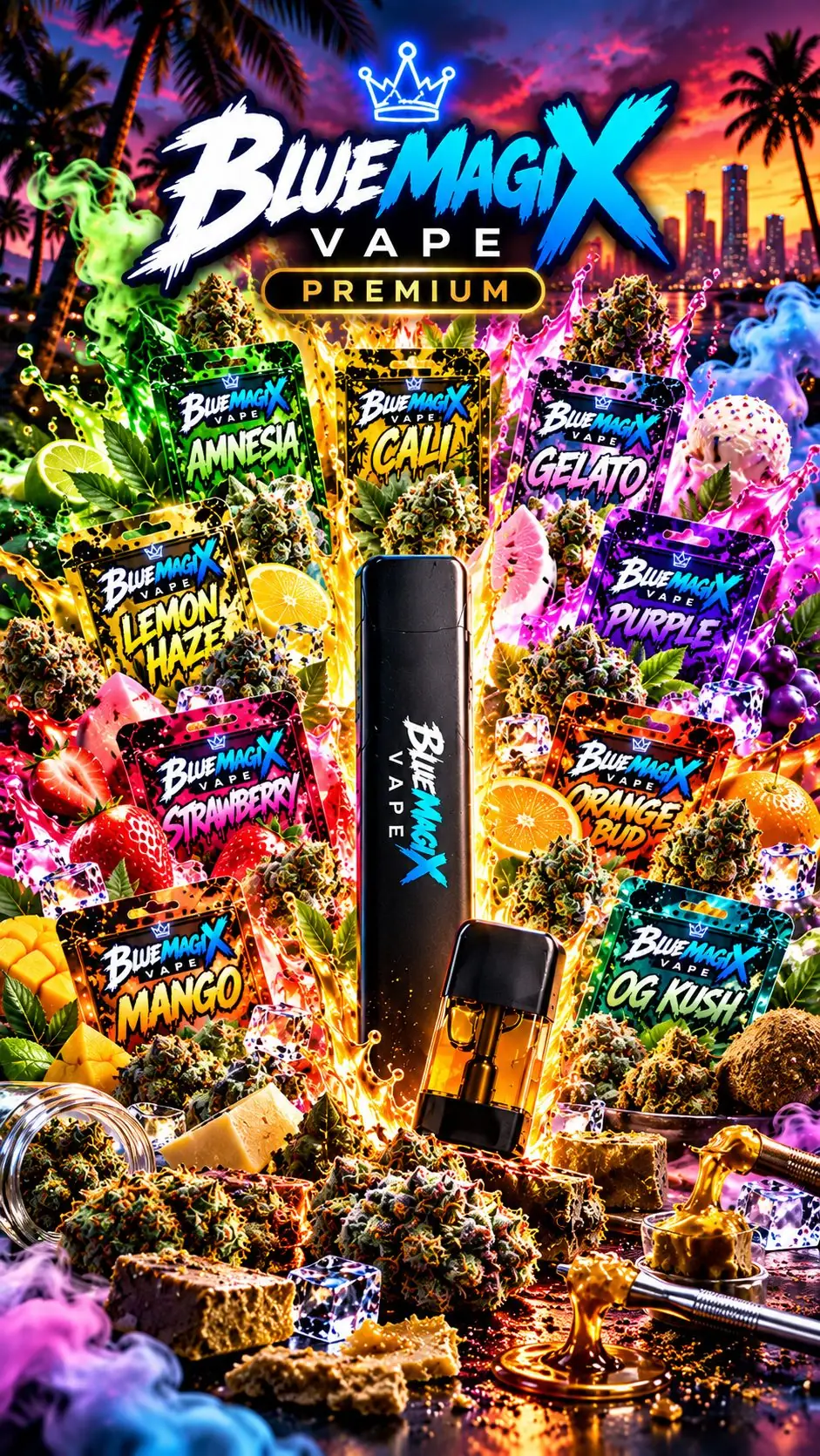 Affiche Bluemagix : le logo, une batterie noire et une rangee de sachets de collection poses sur un fond Arcade.