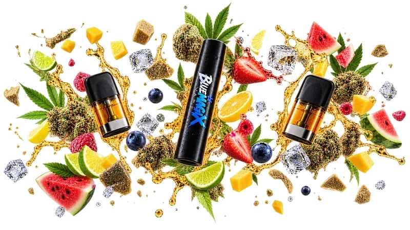 Batterie Bluemagix et deux cartouches de 1 ml, entourées de fruits, de fleurs de cannabis et de glaïons
