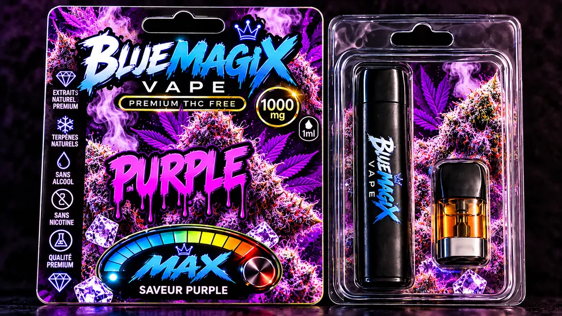 Boîte et blister Bluemagix Purple : batterie et cartouche ensemble