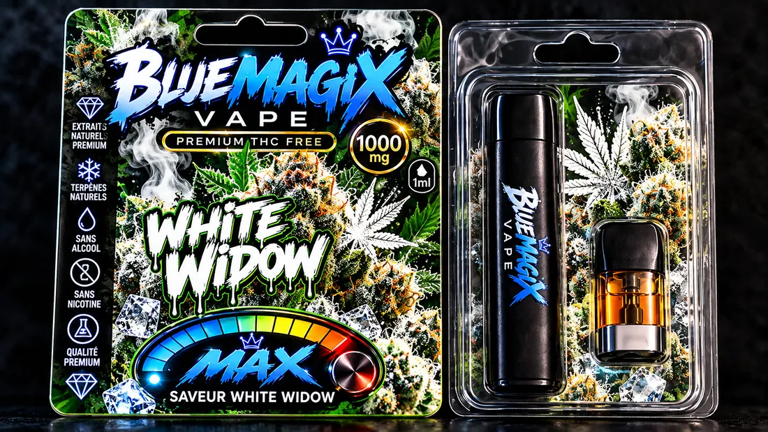 Boîte et blister Bluemagix White Widow : batterie et cartouche ensemble