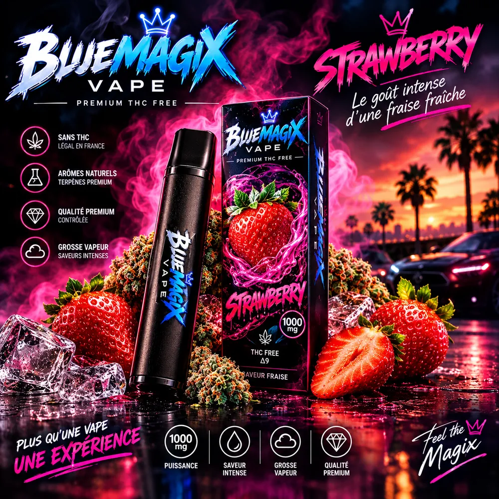 Affiche Bluemagix Strawberry : cartouche 1000 mg, fraise fraîche, sans THC ni nicotine.